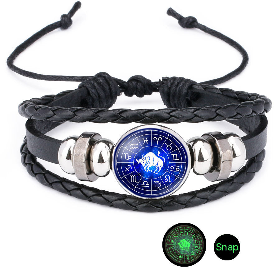 Wholesale Luminous 12 Constellation Time Gems Leather Bracelet