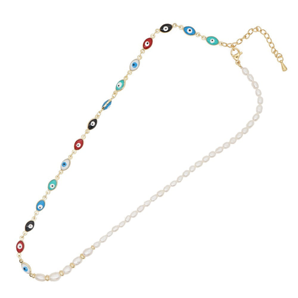 Wholesale Colorful Oil Drop Evil Eye Chain Pearl Necklace