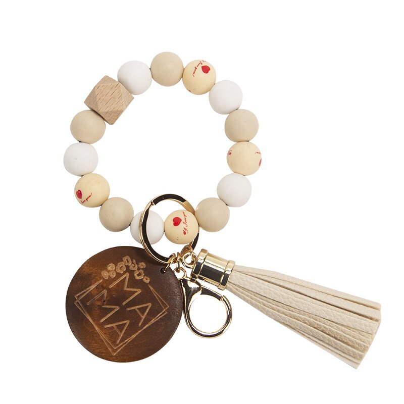 Wholesale Mother's Day Gifts MAMA Wood Chips Pendant Silicone Beads Bracelet Key Chain