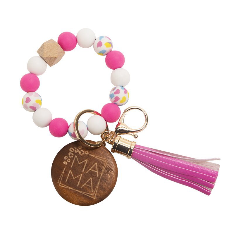 Wholesale Mother's Day Gifts MAMA Wood Chips Pendant Silicone Beads Bracelet Key Chain