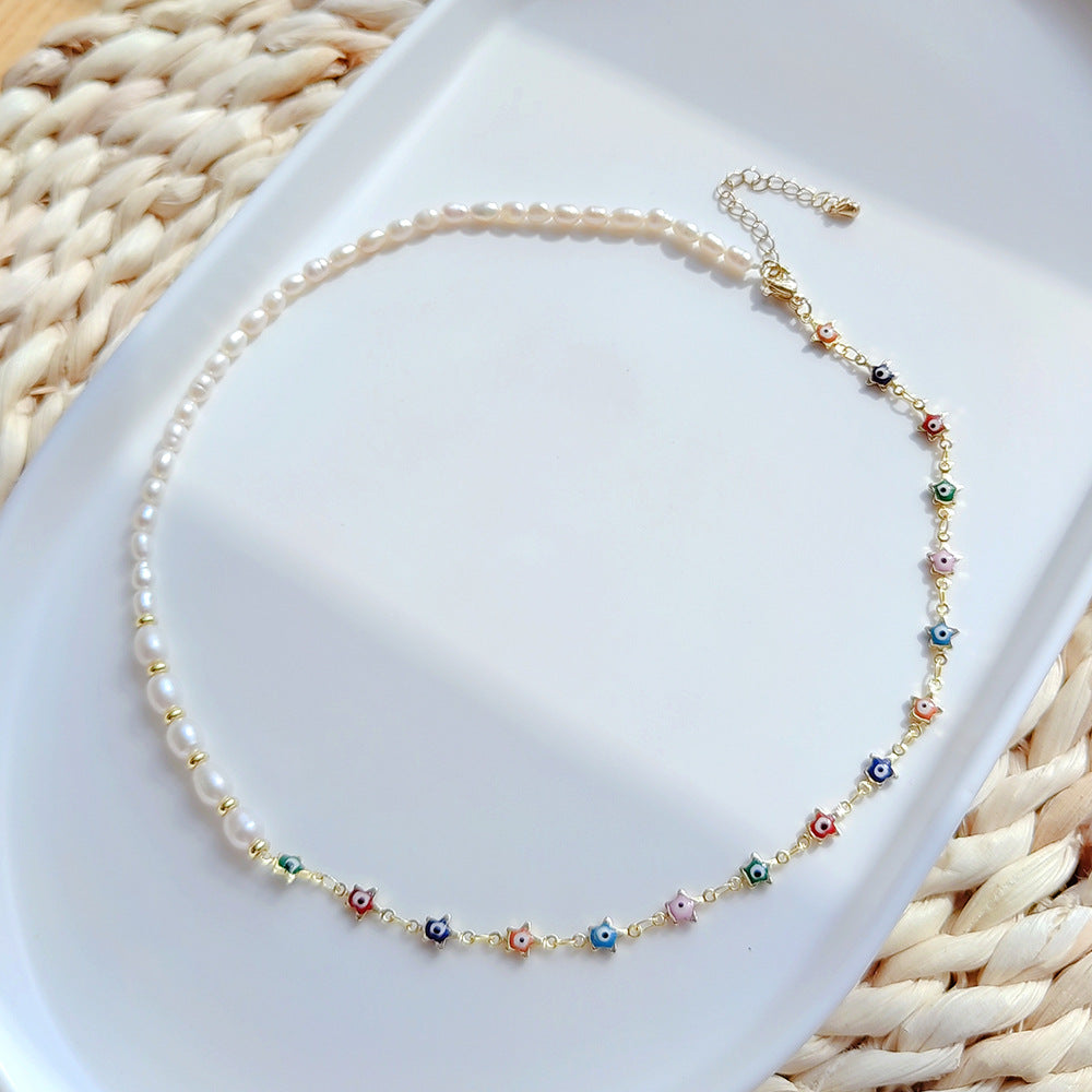 Wholesale Colorful Oil Drop Evil Eye Chain Pearl Necklace