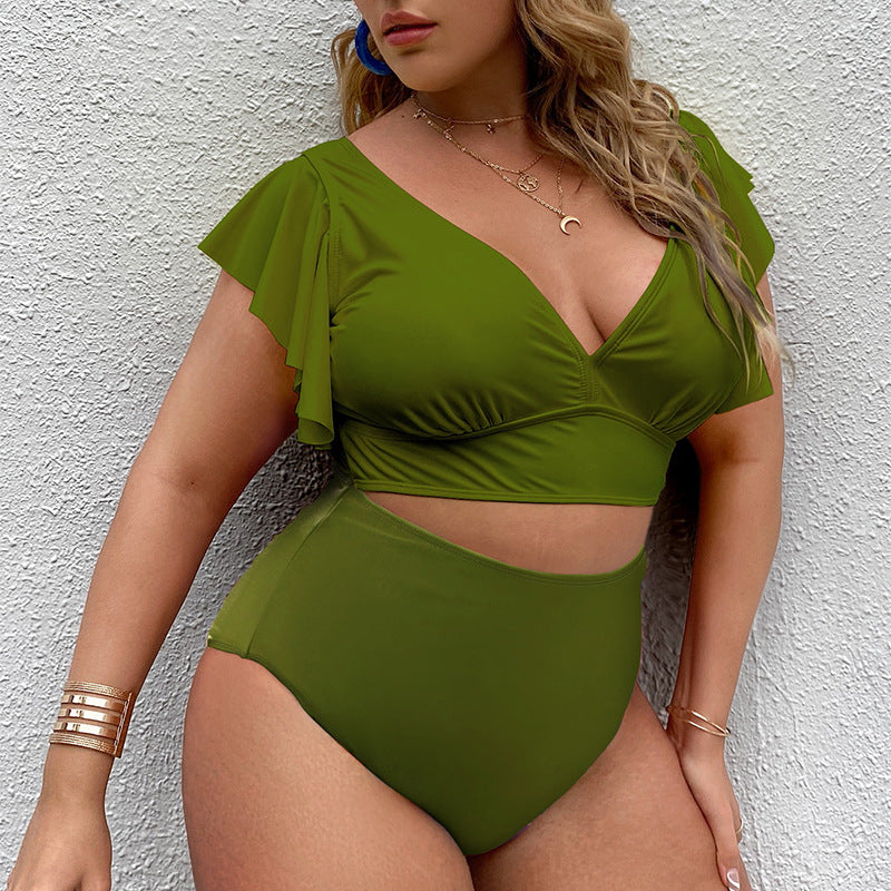 Wholesale Plus Size Fat Girl Ruffle V Neck Split Bikini Swimwear Polyester