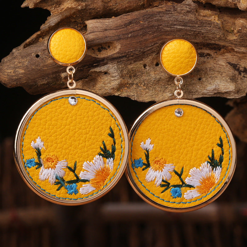 Wholesale 3Pairs/Pack Leather Embroidery Flowers Earrings