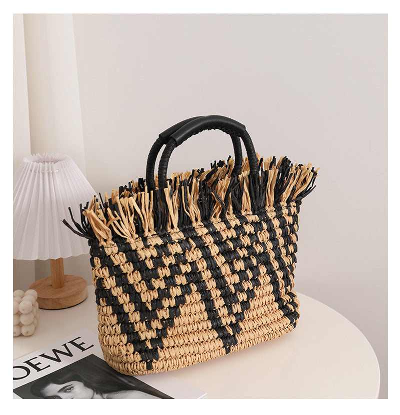 Wholesale Straw Color Block Beach Bag