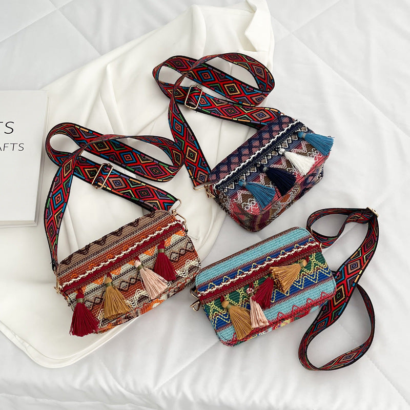 Lienzo al por mayor estilo étnico hombro cruzado pequeño bolso cuadrado