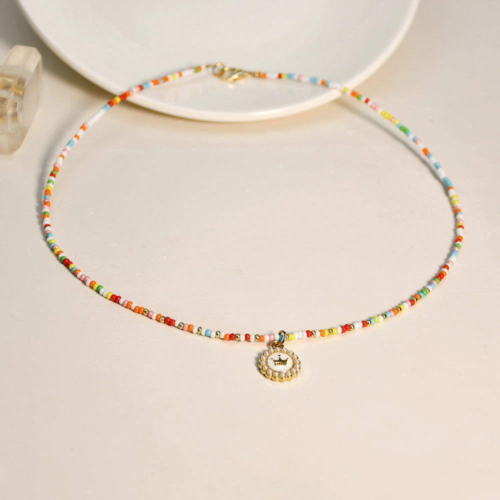 Wholesale Glass Colorful Hand Beaded Crown Pendant Pearl Necklace