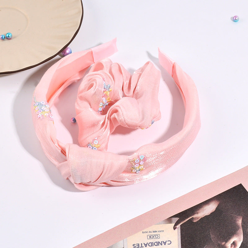 Wholesale Embroidered Bow Knot Fabric Hair Tie Headband Combination Set