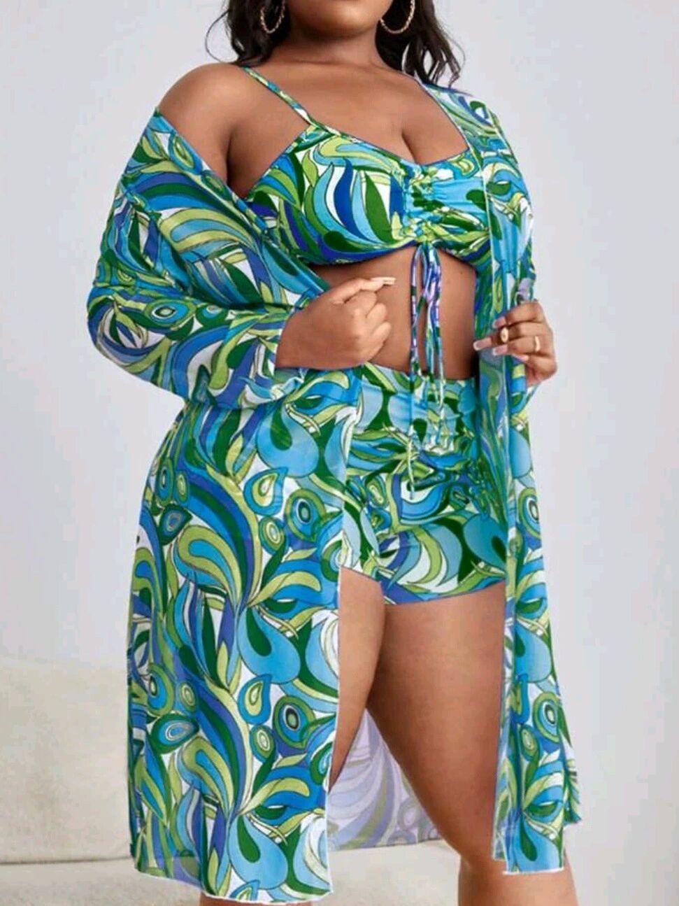 Wholesale Plus Size Printed Blouse Polyester Swimwear Three-piece Set