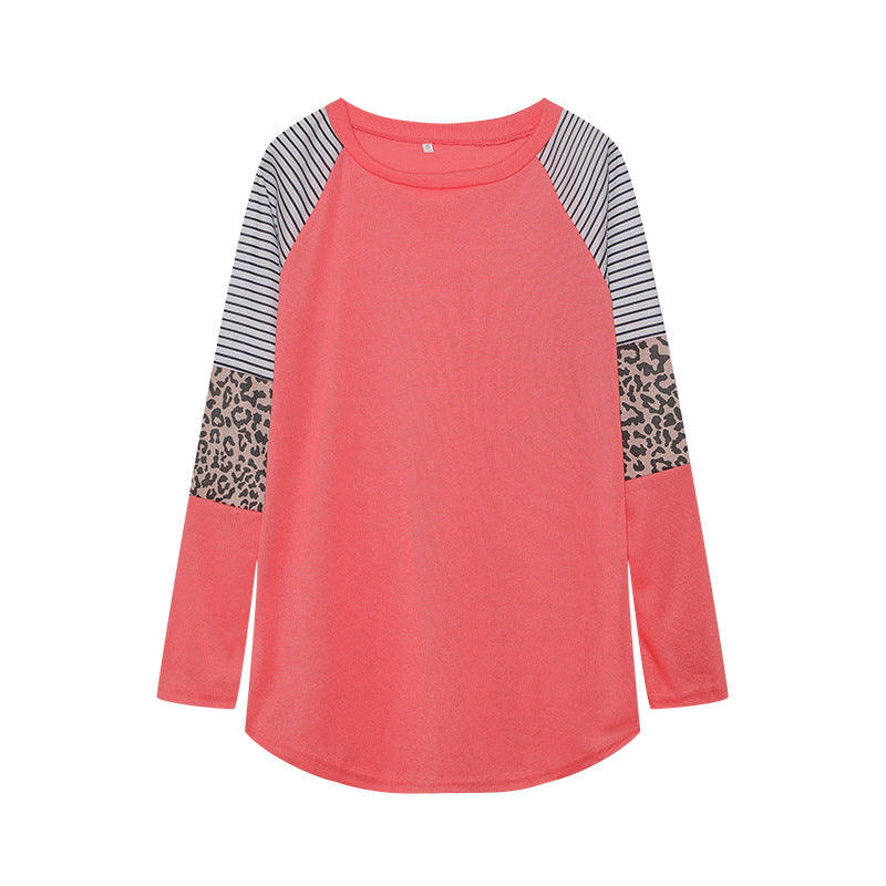 Wholesale Polyester Leopard Print Color Striped Round Neck Long Sleeves
