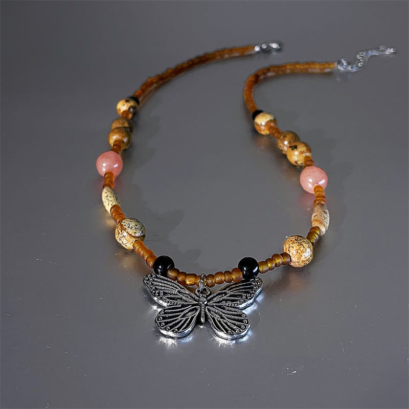 Wholesale Alloy Rice Beads Handmade Beaded Butterfly Necklace