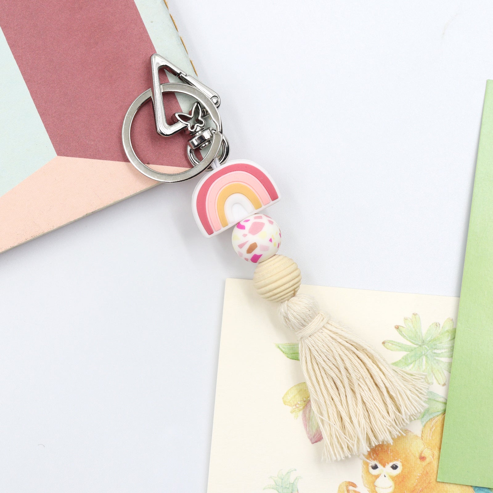 Wholesale Badge Reels Silicone Beaded Rainbow Tassels retractable keychain