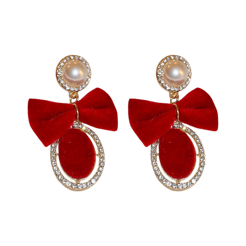 Wholesale Velvet Red Bow Oval Pearl Earrings
