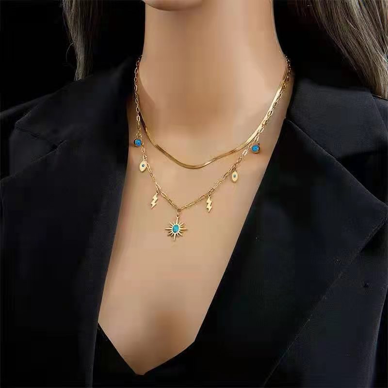 Wholesale Titanium Steel Double Layer Turquoise Pendant Necklace