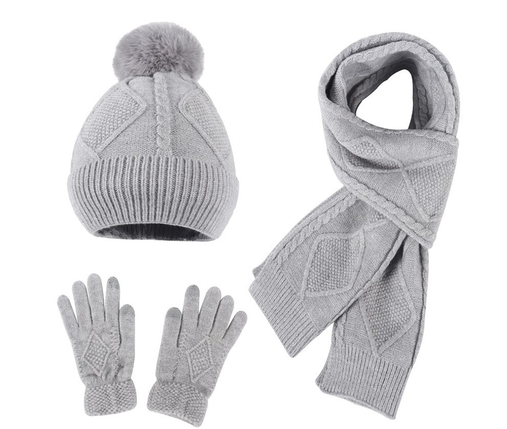 Wholesale Acrylic Autumn and Winter New Warm and Thickened Wool Adult Hats, Scarves, Gloves, Three Piece Set