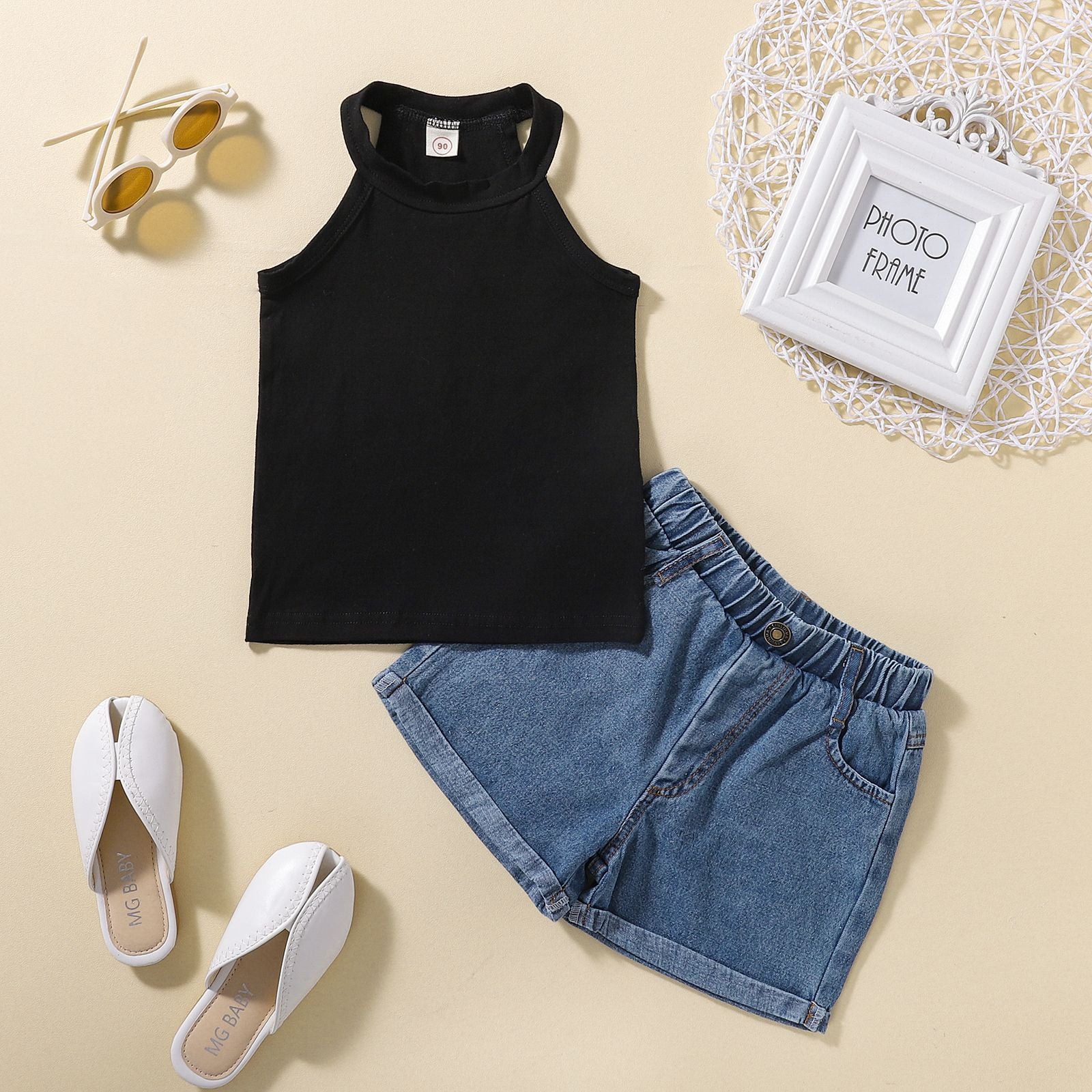 Wholesale Short Solid Color Vest + Jeans Set Cotton Baby Clothes