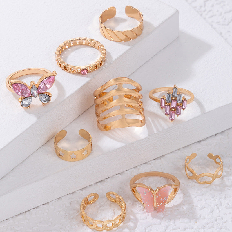 Aleación de la aleación Pink Butterfly Butterfly Diamond Heart Hollow Nine Piezas Setón de anillo