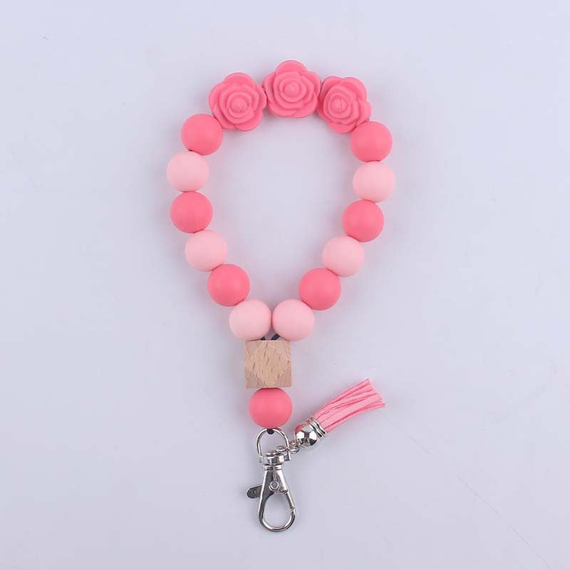 Wholesale Rose Silicone Beaded Wrist Keychain