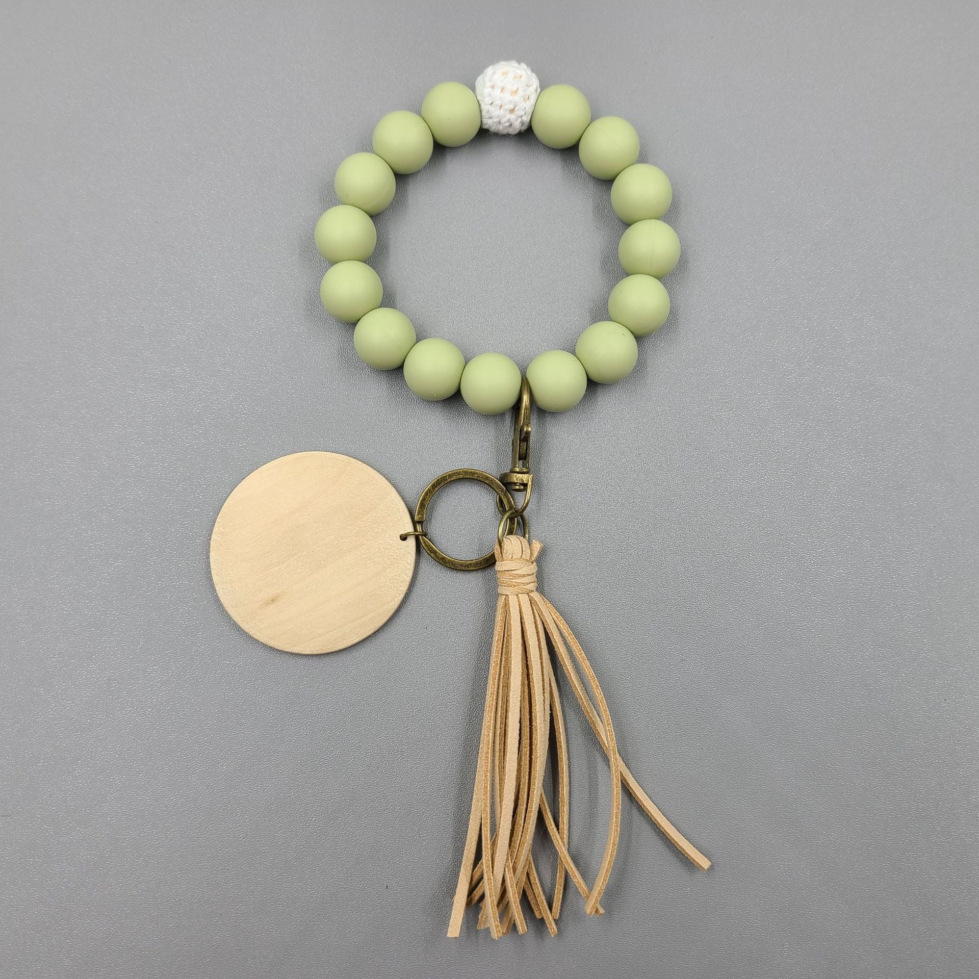 Wholesale 5pcs/pack Blank Wood Sign Tassel Silicone Beaded Wrist Keychain