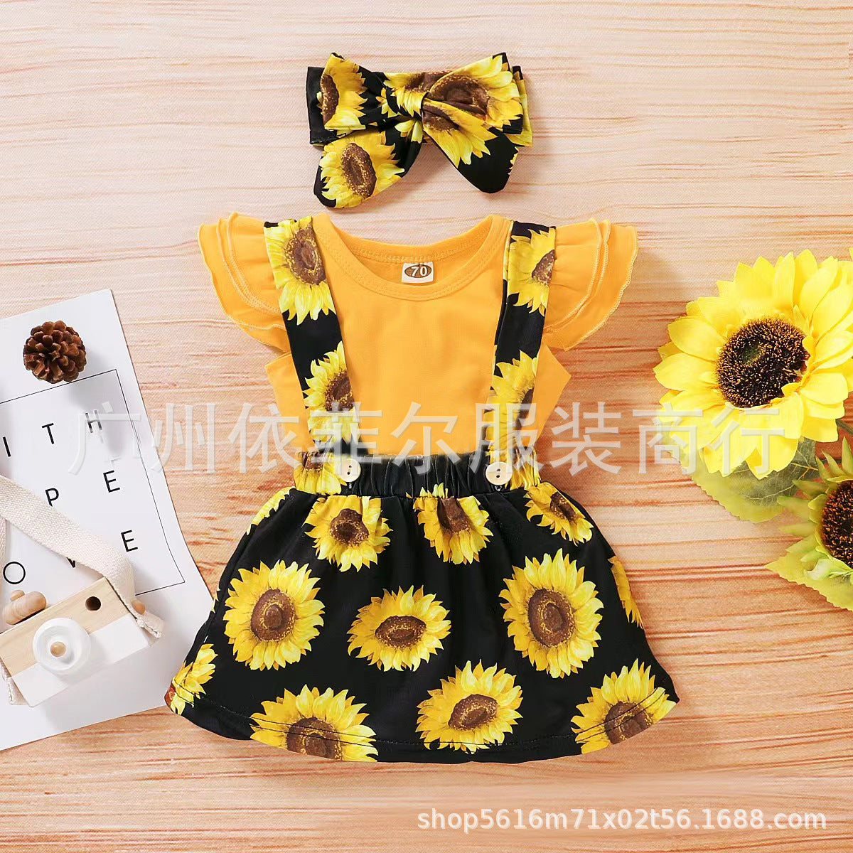 Wholesale Cotton Kids Sunflower Short Sleeve Suspender Dress Set