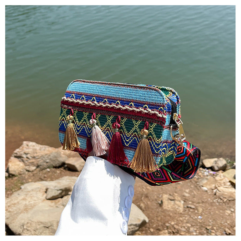 Lienzo al por mayor estilo étnico hombro cruzado pequeño bolso cuadrado