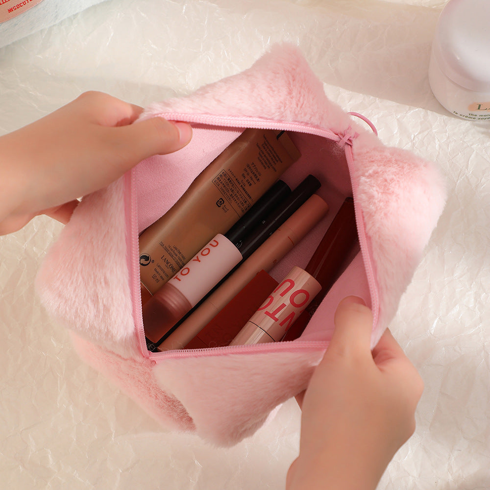Wholesale Girls Plush Solid Color Makeup Bag Large Capacity Stationery Storage Bag