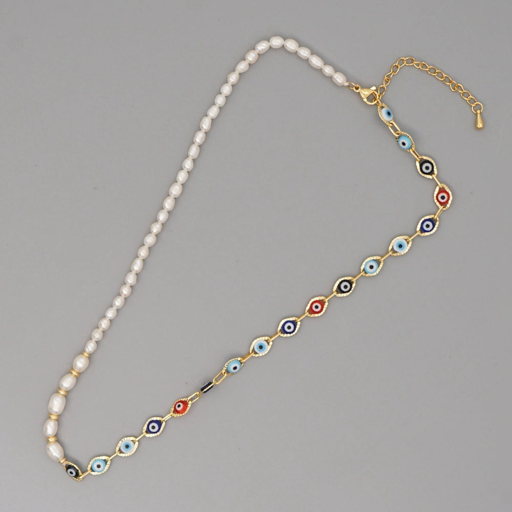 Wholesale Colorful Oil Drop Evil Eye Chain Pearl Necklace