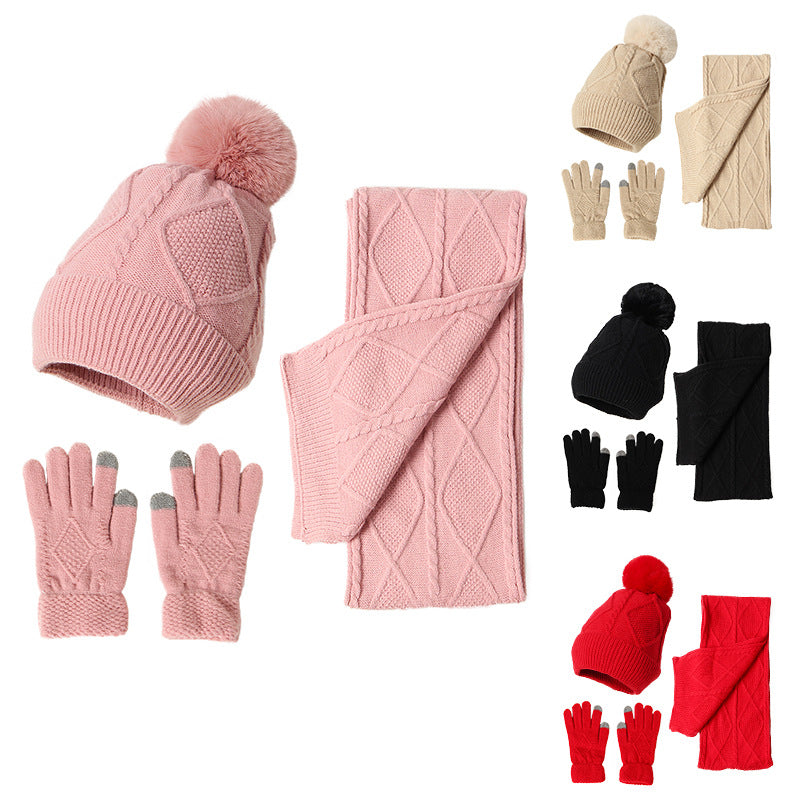 Wholesale Acrylic Autumn and Winter New Warm and Thickened Wool Adult Hats, Scarves, Gloves, Three Piece Set
