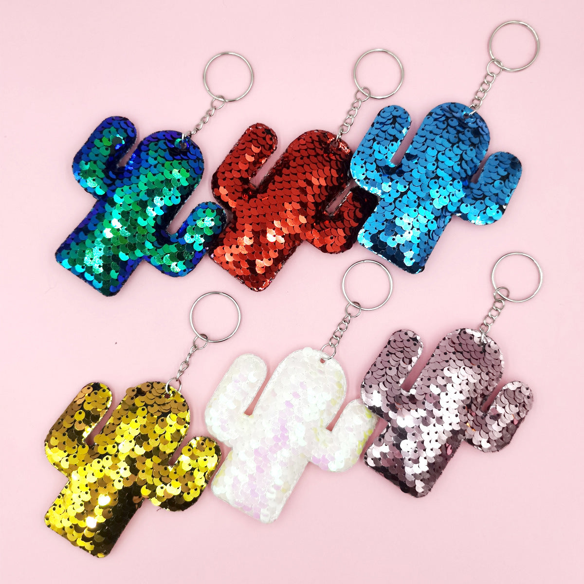 Wholesale PET Sequined Cactus Keychain Set of 6