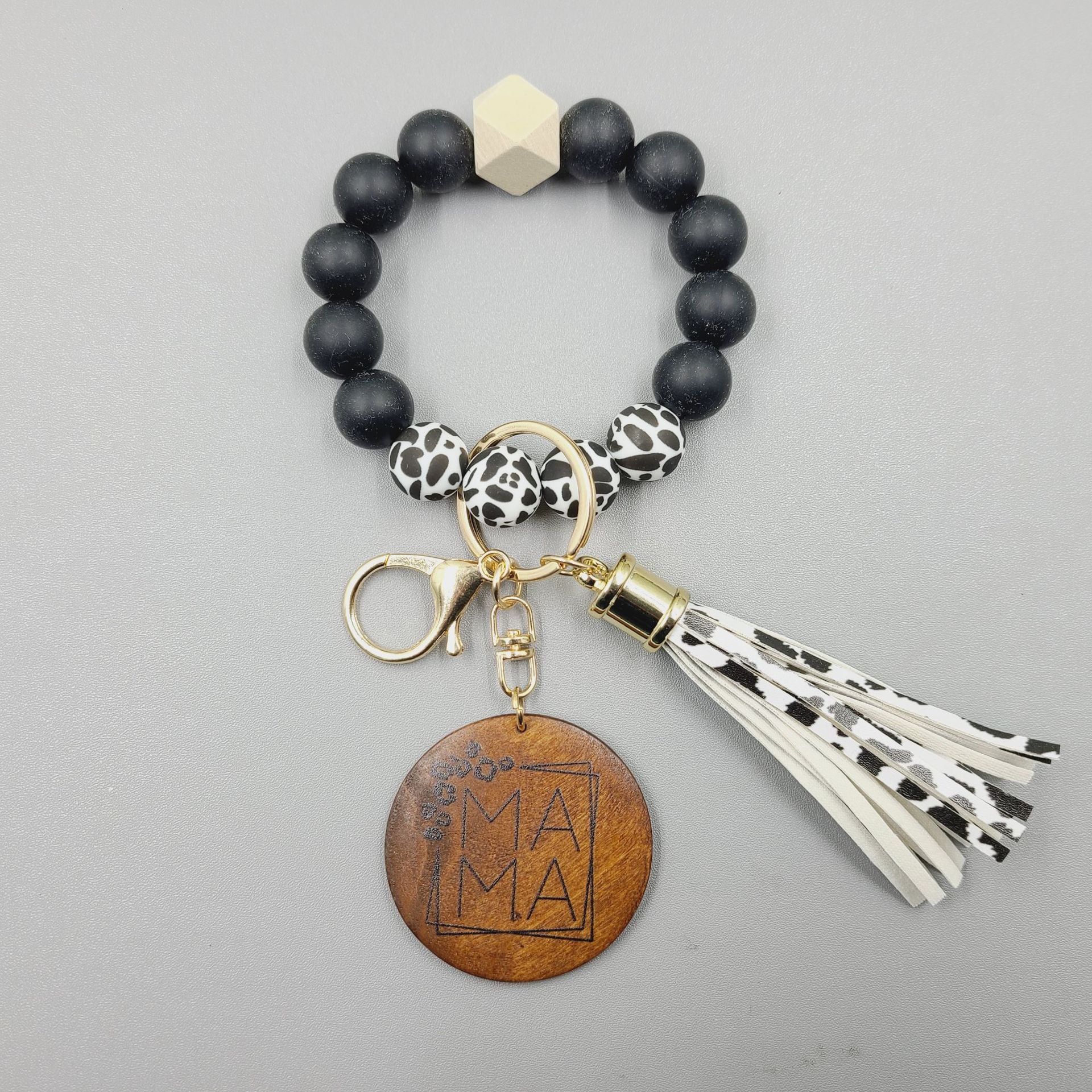 Wholesale 5pcs/pack MAMA Wooden Brand Cow Pattern Silicone Beaded Wrist Keychain