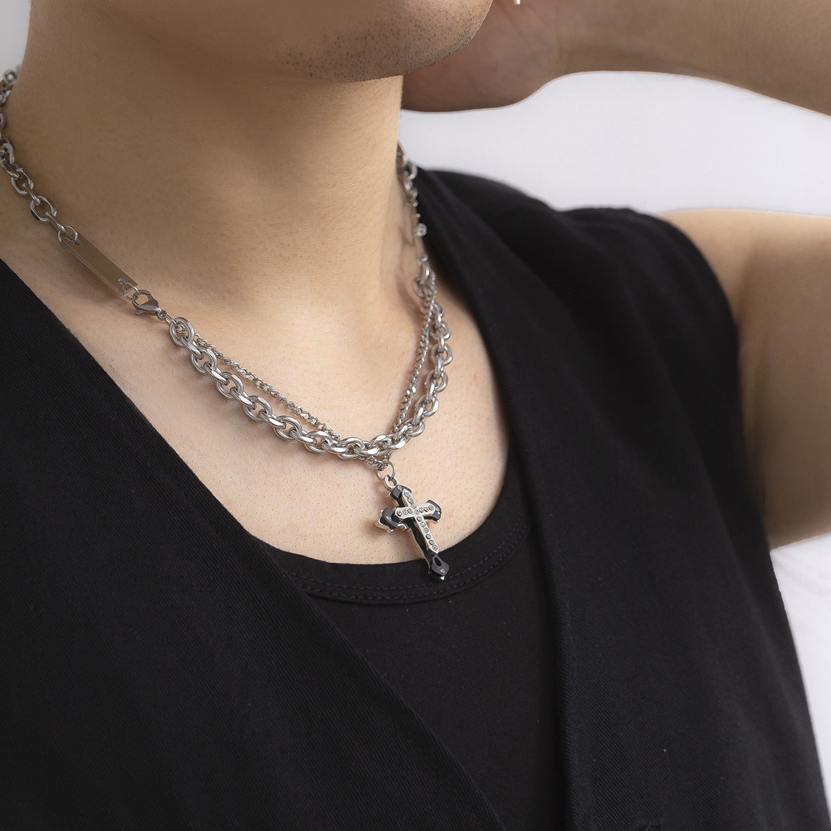 Wholesale Double Layer Diamond Cross Titanium Steel Necklace