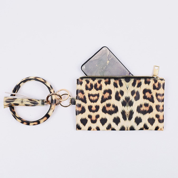 Wholesale PU Leopard Sunflower Coin Purse Wrist Keychain