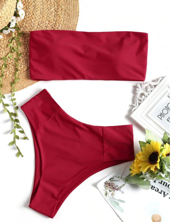 Venta al por mayor Color sólido Pecho plano Reversible Dividir traje de baño de poliéster