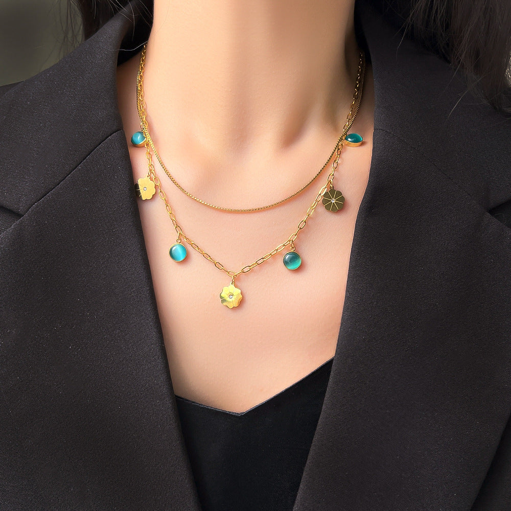 Wholesale Titanium Steel Double Layer Turquoise Pendant Necklace