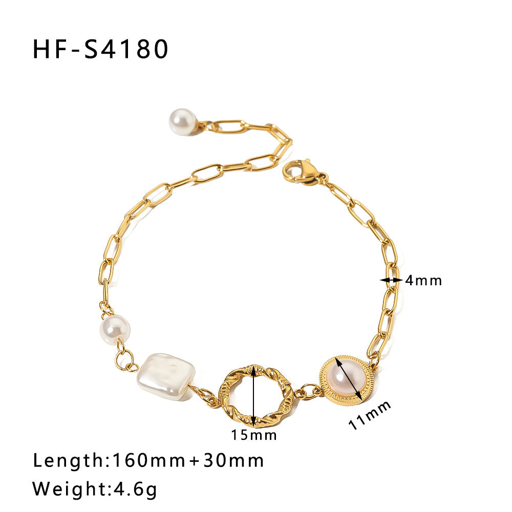 Wholesale Vintage Round Butterfly Natural Stone Zircon Pearl Stainless Steel Bracelet