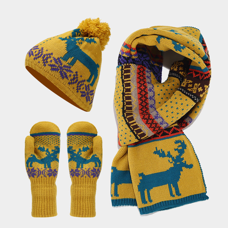 Wholesale Christmas Elk Jacquard Knit Hat Scarf Gloves Set