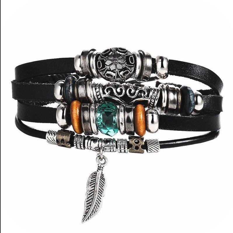 Venta al por mayor Pulsera de cuero multicapa con cuentas de ojo de diablo