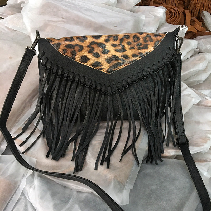 Bolso de hombro con borla atada con patrón de leopardo de costura de PU al por mayor