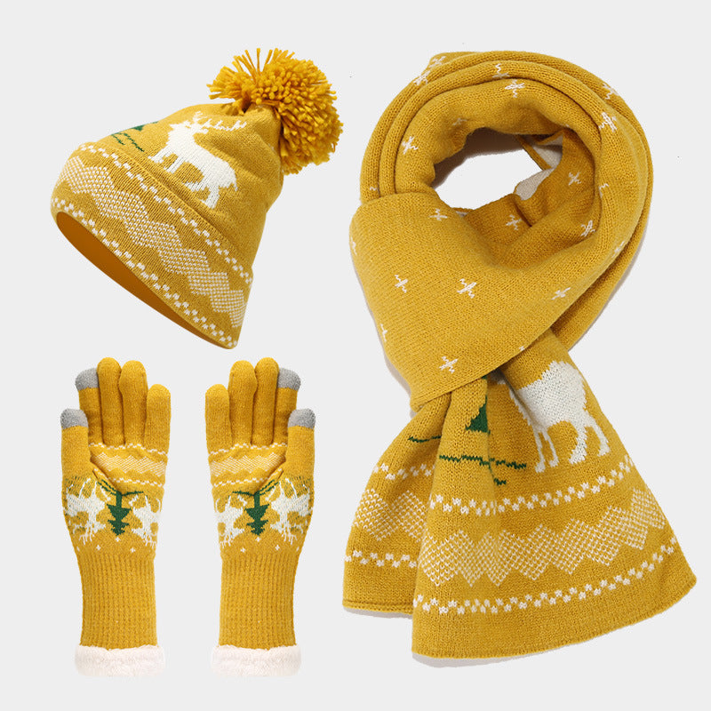 Wholesale Christmas Elk Jacquard Knit Hat Scarf Gloves Set