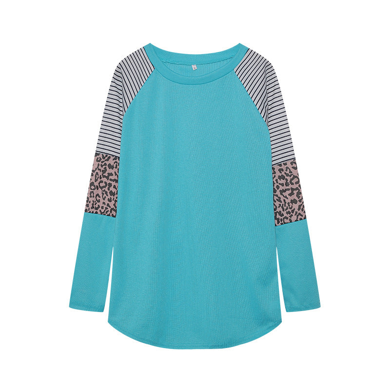 Wholesale Polyester Leopard Print Color Striped Round Neck Long Sleeves