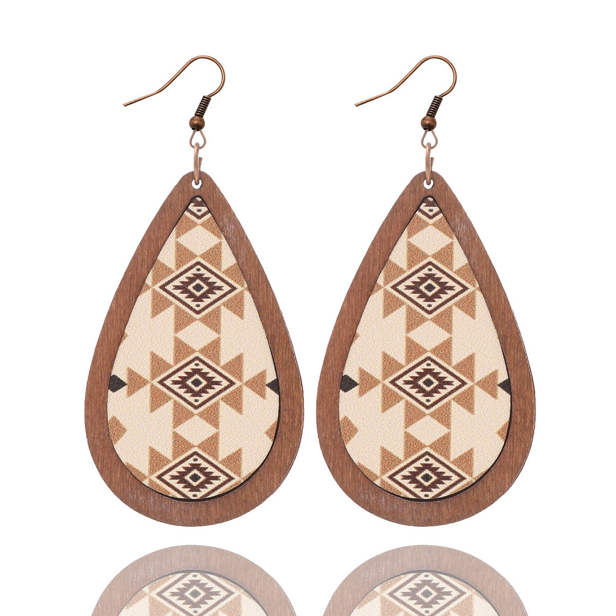 Wholesale Western Style Cow Head Retro Aztec Pattern Cow Pattern Leather Wood Chip Earrings