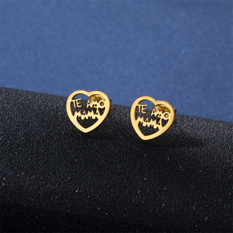 Wholesale Mother's Day Gift Hollow Glossy MOMO Heart Pendant Necklace Earrings Set