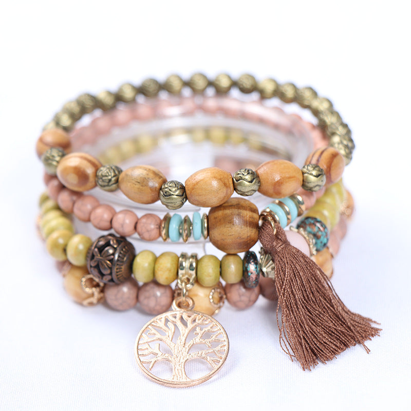 Wholesale Bohemian Tassel Multilayer Wooden Beads Bracelet