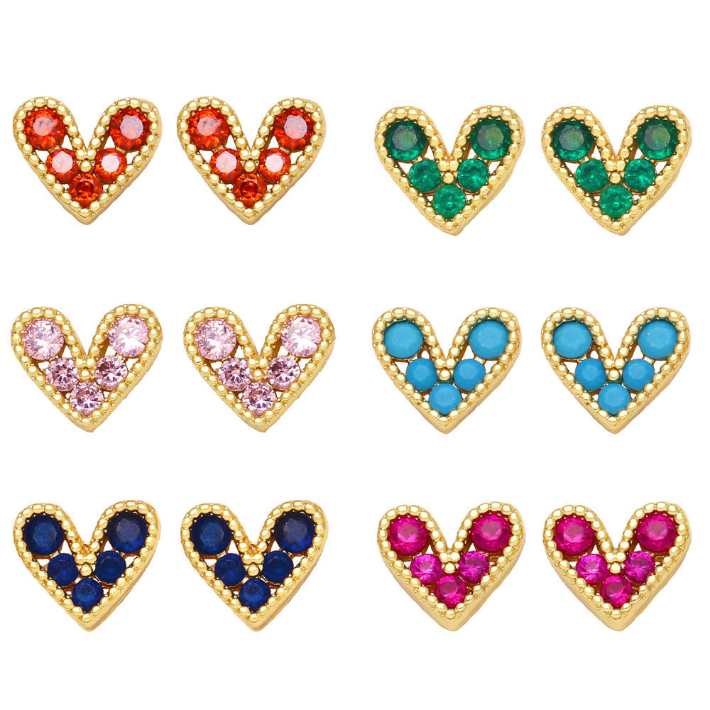 Wholesale Mini Zircon Heart Copper Ear Studs