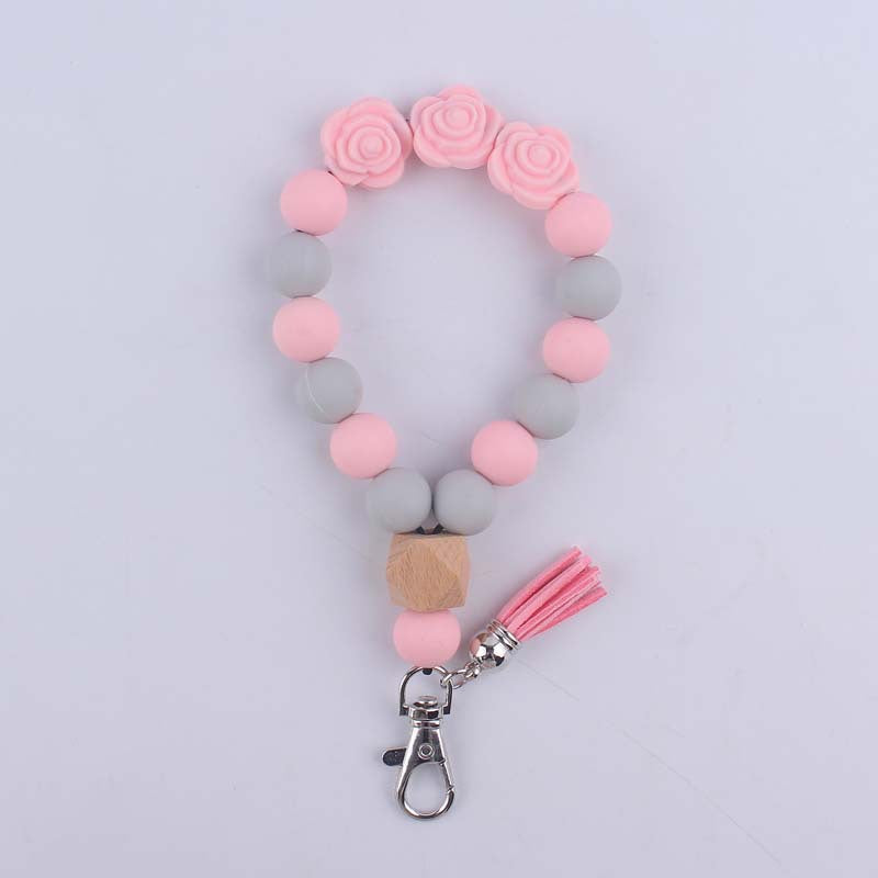 Wholesale Rose Silicone Beaded Wrist Keychain