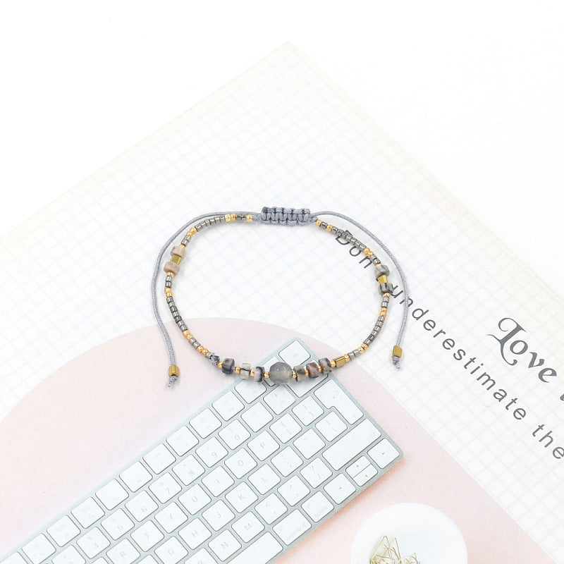 Wholesale Miyuki Rice Beads Handwoven Bohemian Style Gemstone Wax Thread Bracelet