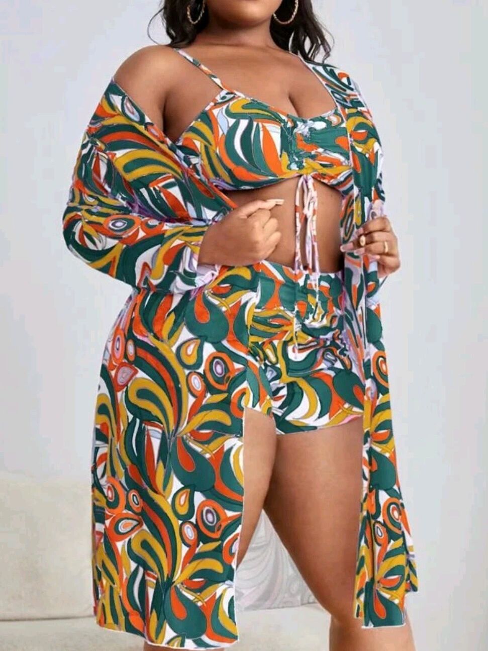 Wholesale Plus Size Printed Blouse Polyester Swimwear Three-piece Set