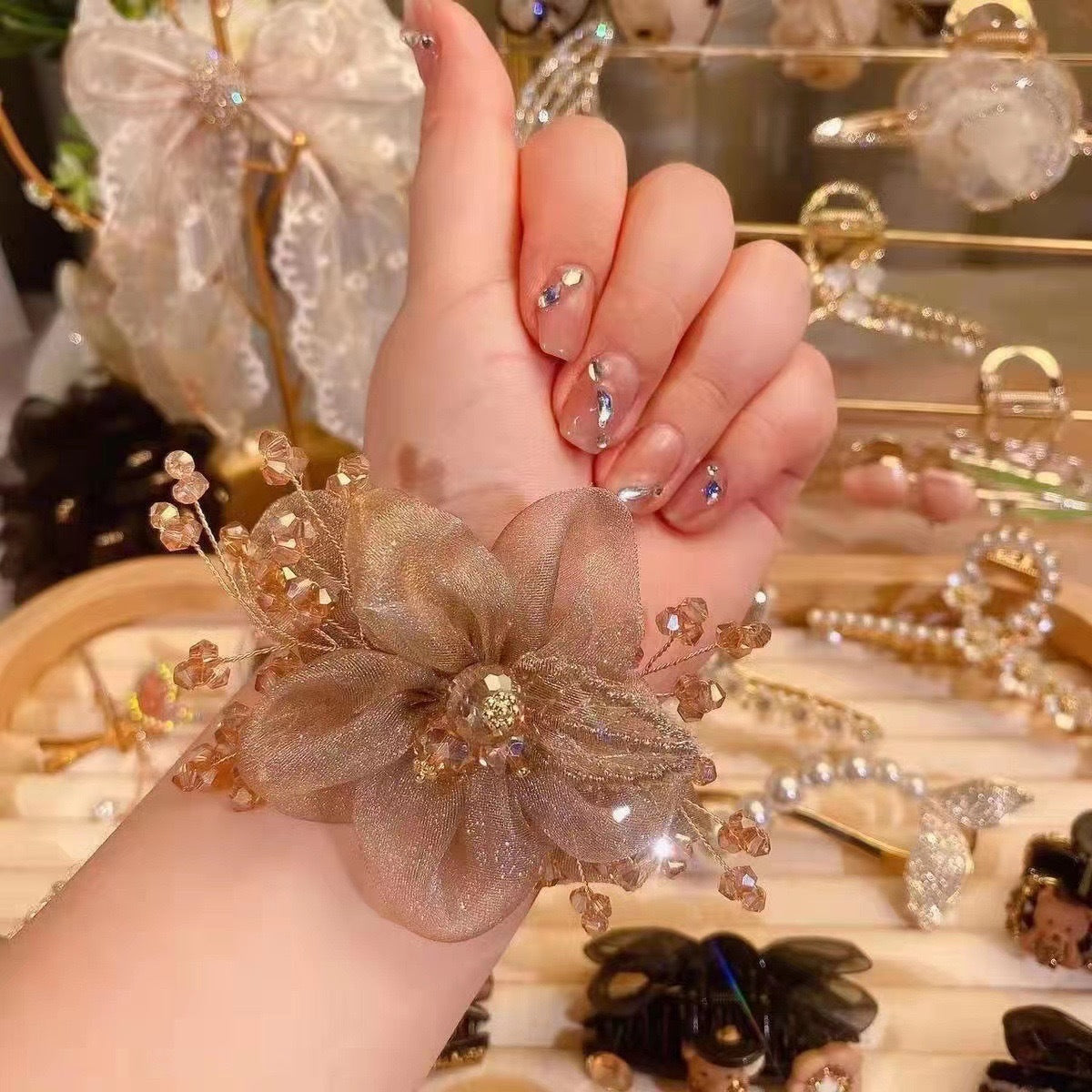 Venta al por mayor Super Glitter Crystal Cloth Hair Scrunchies