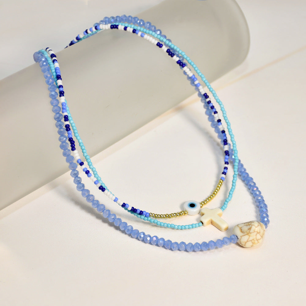 Wholesale Glass Blue Eyes Rice Beads Cross Layer Necklace
