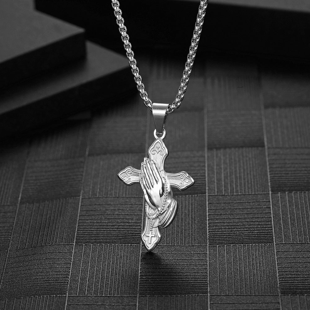 Wholesale Titanium Steel Praying Hands Cross Pendant Necklace
