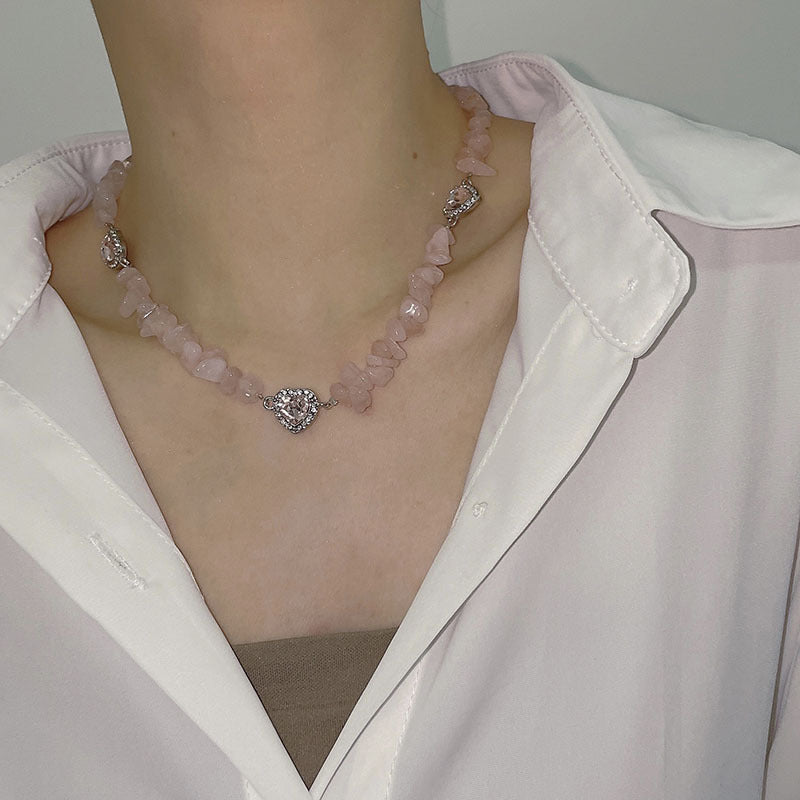 Wholesale Pink Natural Stone Micro-set Love Necklace